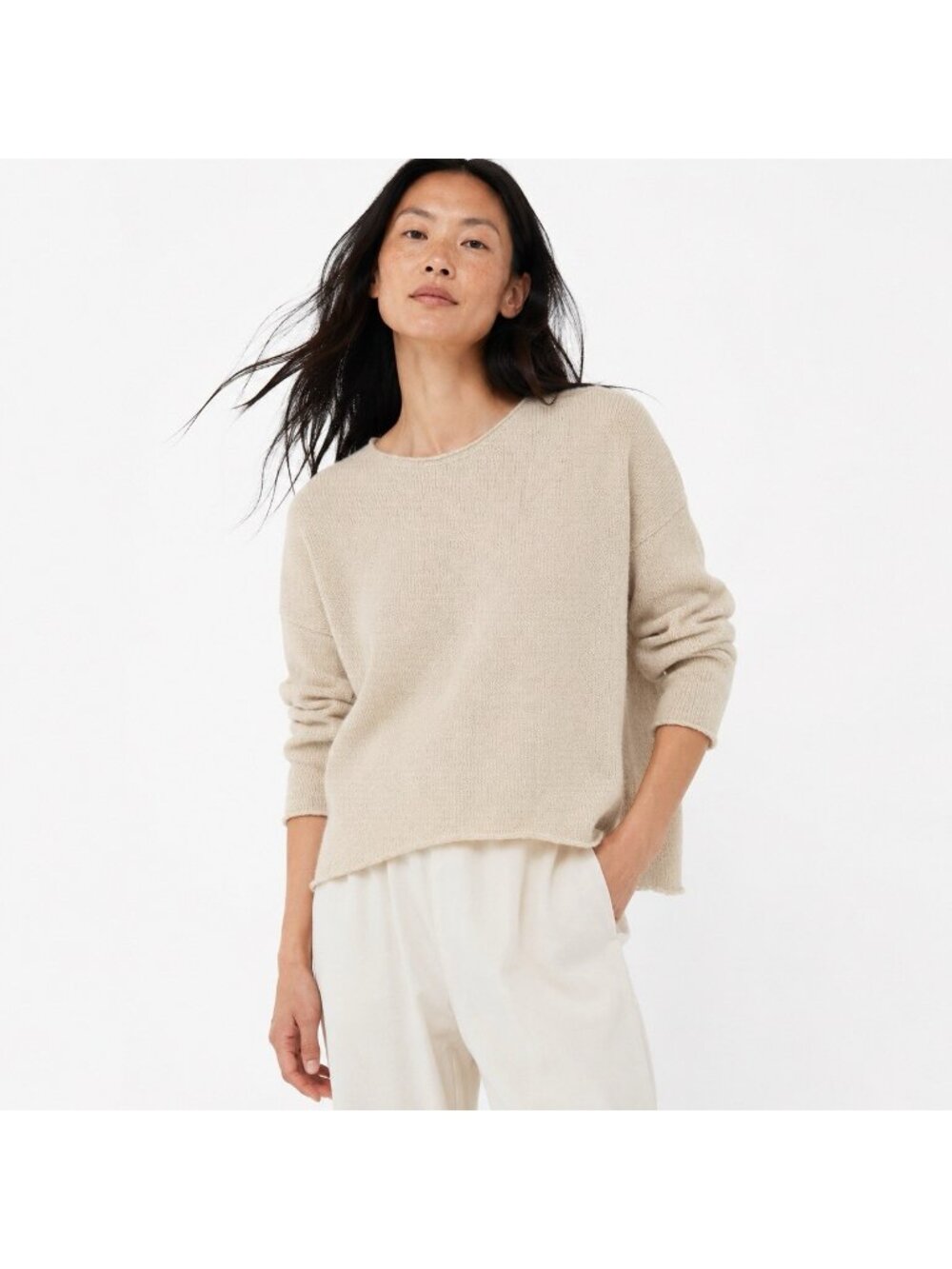 NILI LOTAN sweater beige wool silk MEDIUM minimalist boxy coastal chic summer